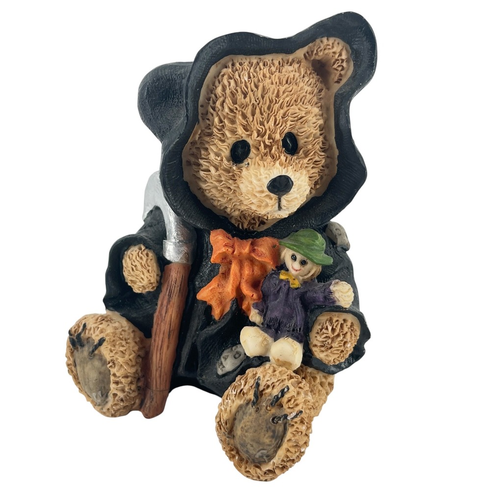 Halloween Grim Reaper Teddy Bear Figurine Scythe Scarecrow Skull Cloak 4 Inch